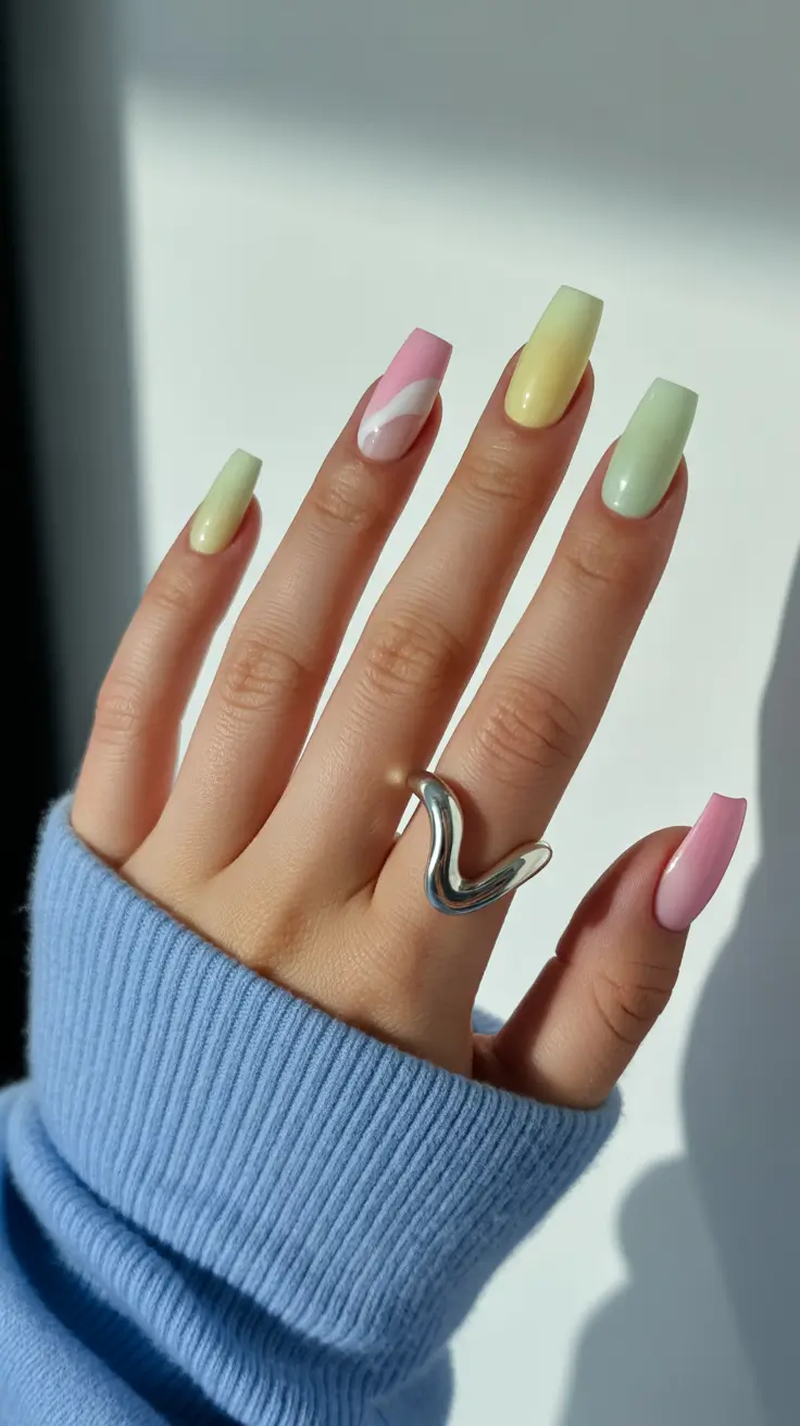 fun spring nails 2026 Soft Pastel Blocks With a Minimal Swirl Accent