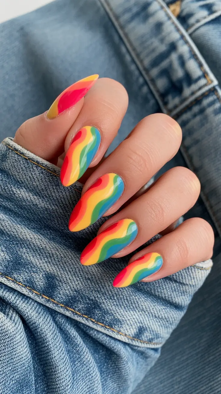 fun spring nails 2026 Rainbow Waves Full of Spring Joy