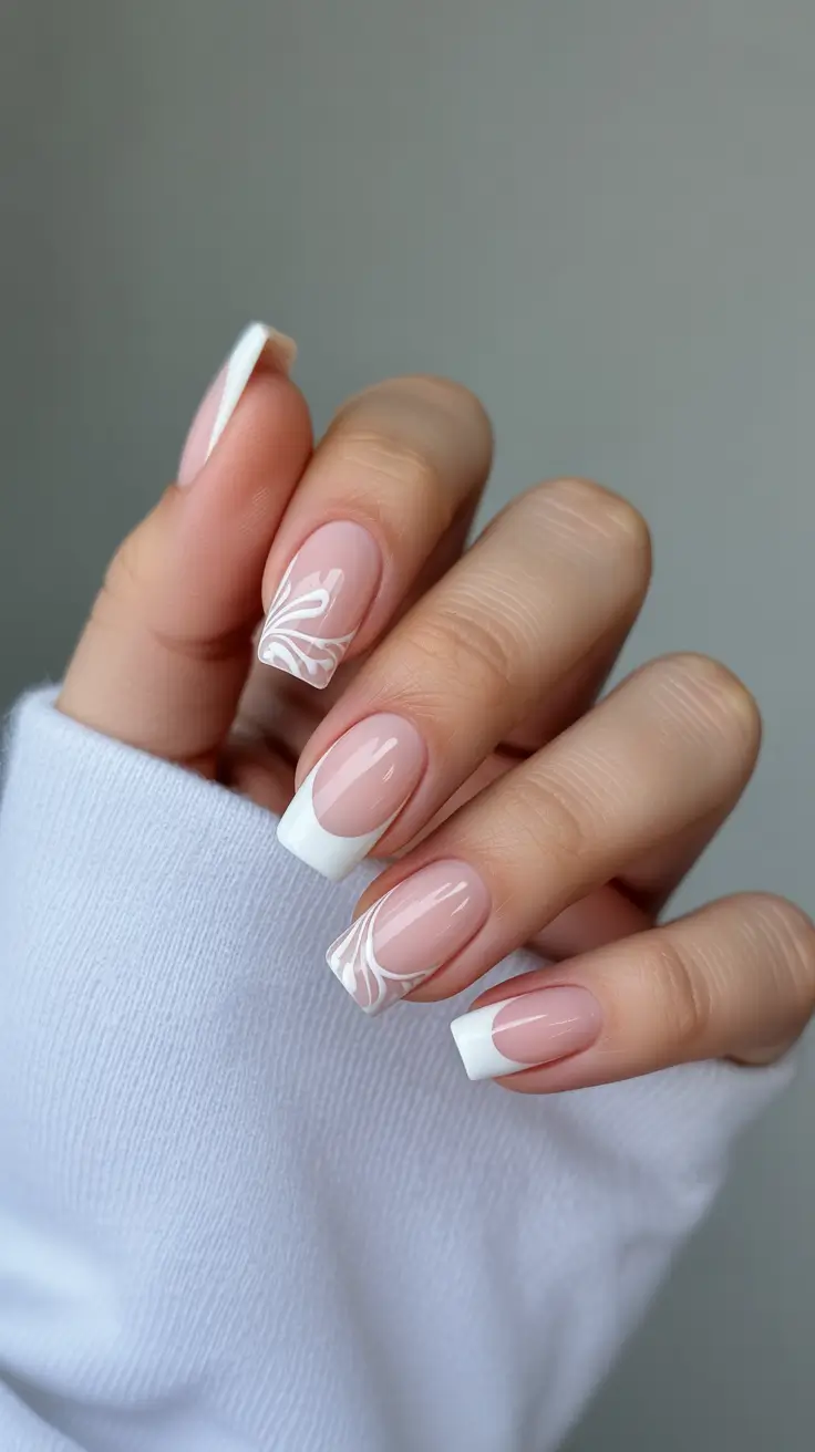 fun spring nails 2026 Modern French With Soft White Swirls