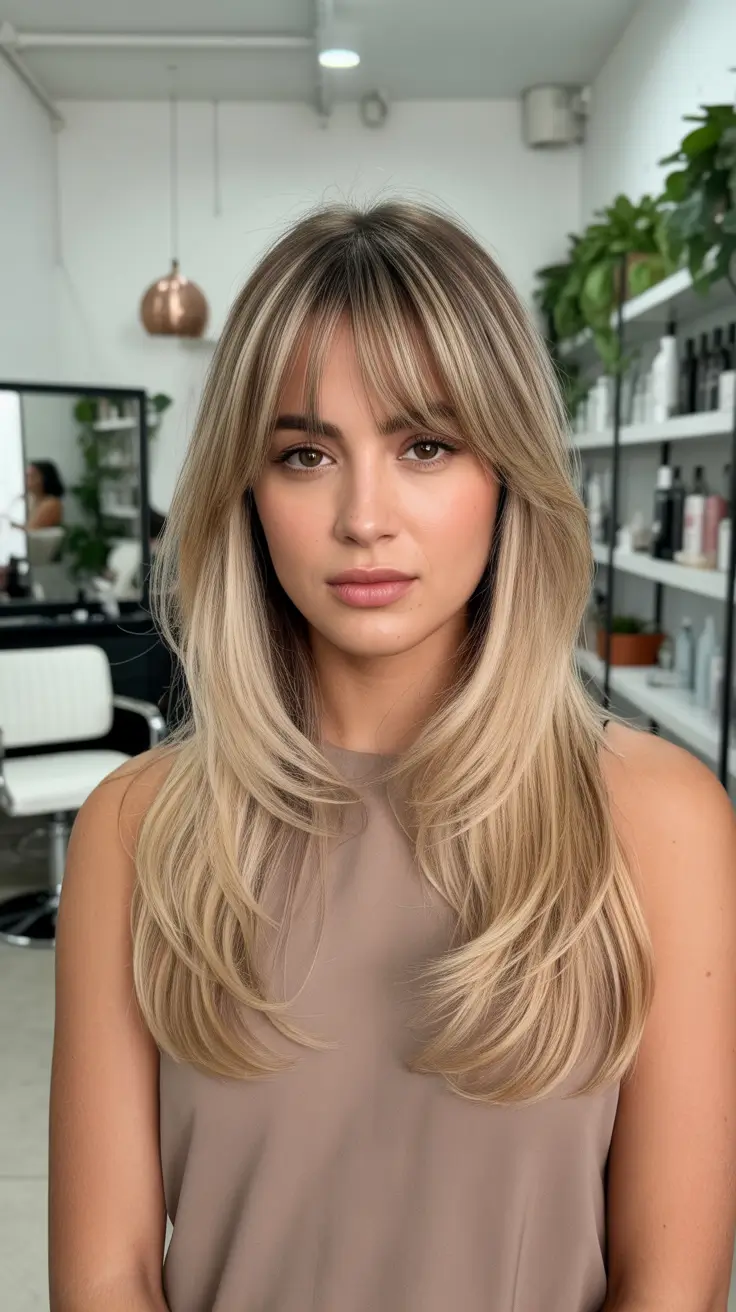 spring blonde hair color ideas Long Layered Honey-Beige Blonde With Curtain Fringe