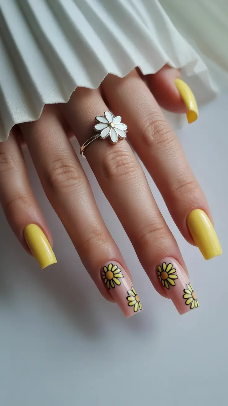 spring break nails 2026 Sunshine Daisy Square Nails