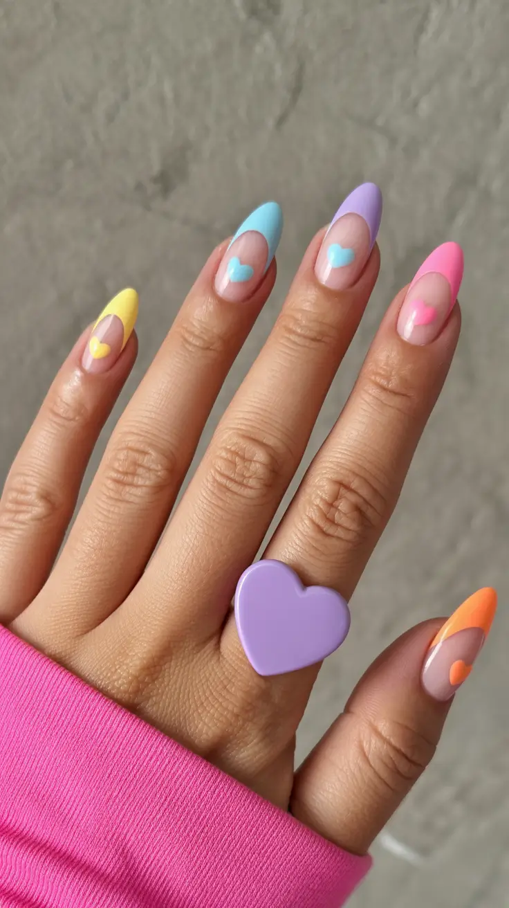 spring break nails 2026 Colorful Heart French Tips