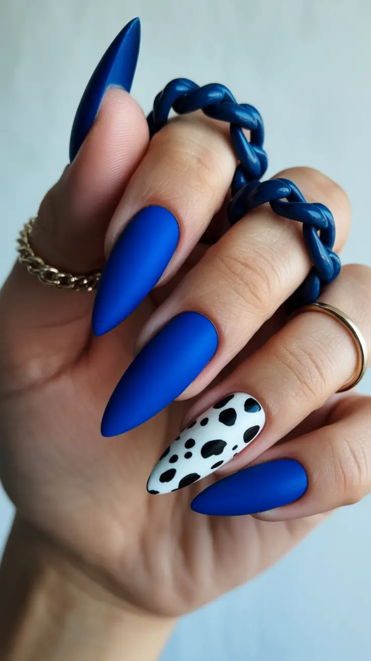 spring break nails 2026 Bold Matte Blue Dalmatian