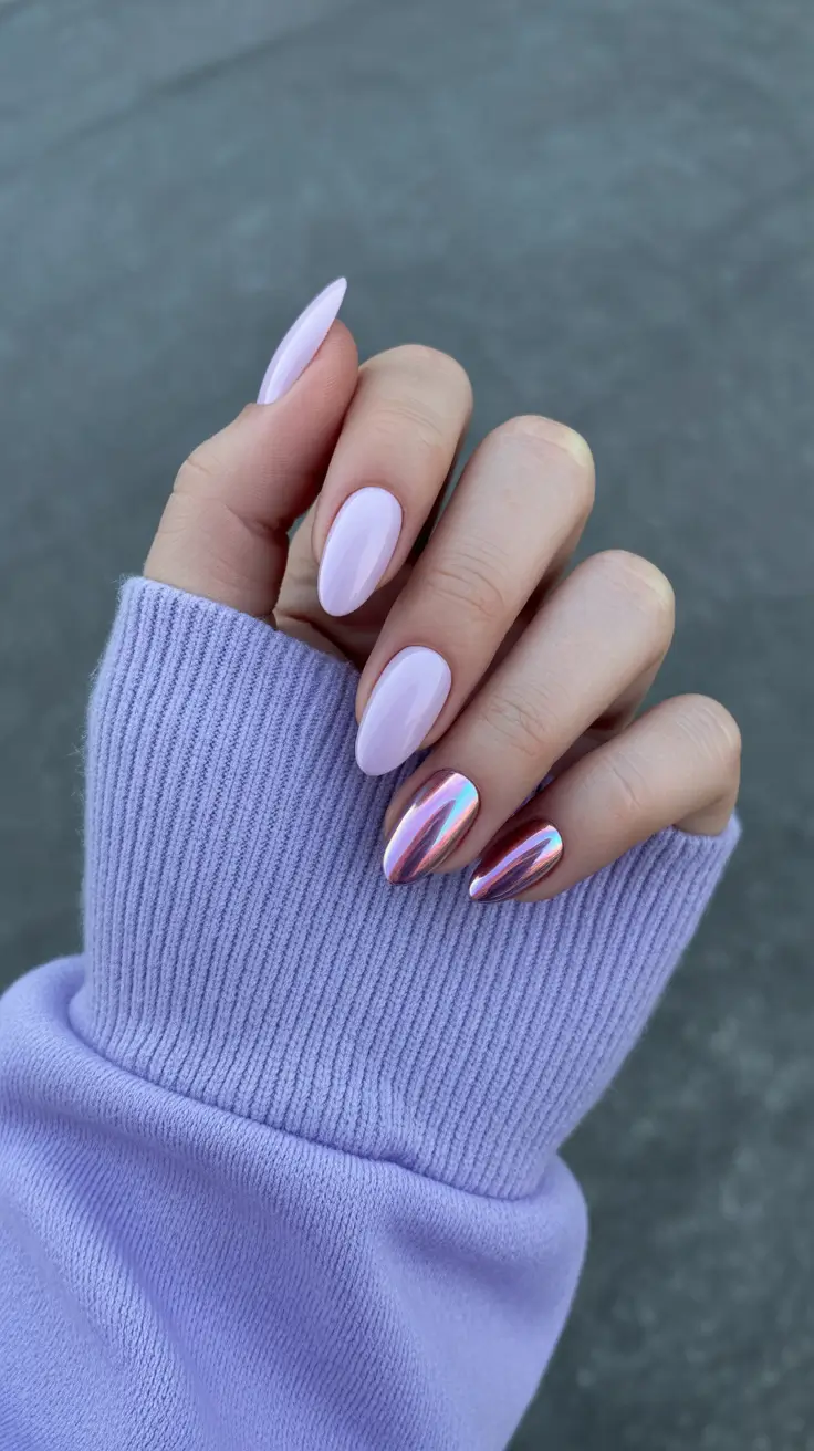 spring break nails 2026 Iridescent Rose Chrome Almond