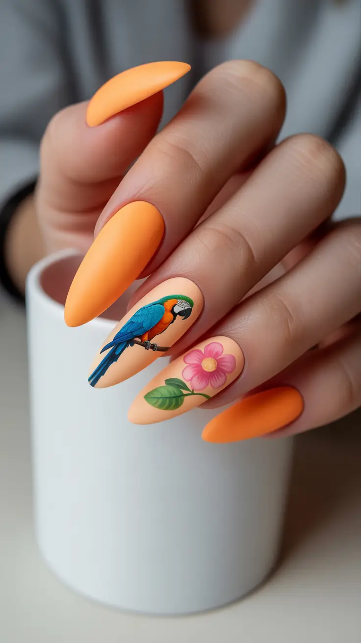 spring break nails 2026 Sunset Parrot Art