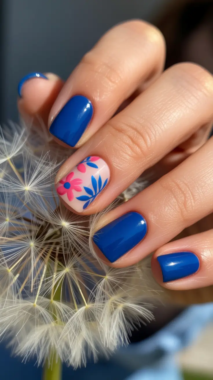 spring nail art 2026 Cobalt Bloom Accent on Short Glossy Nails