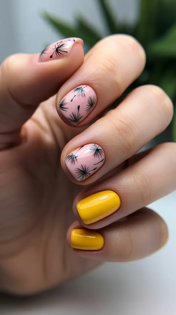 spring nail art 2026 Dandelion Seed Art with Sunny Yellow Accent