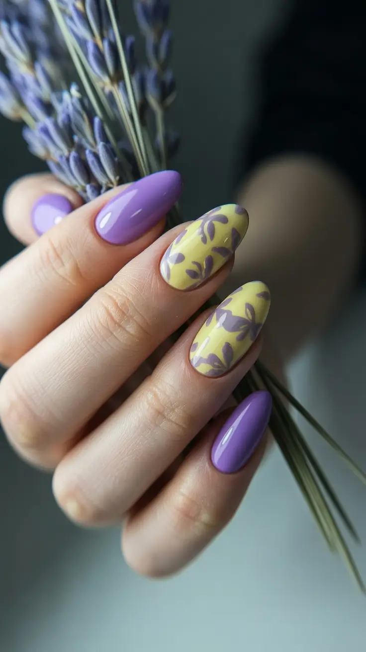spring nail art 2026 Lavender and Lemon Botanical Contrast Almond