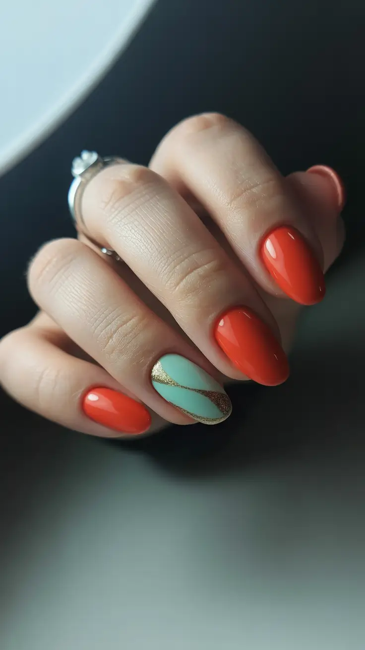 spring nail art 2026 Coral Gloss with Mint and Gold Wave Accent
