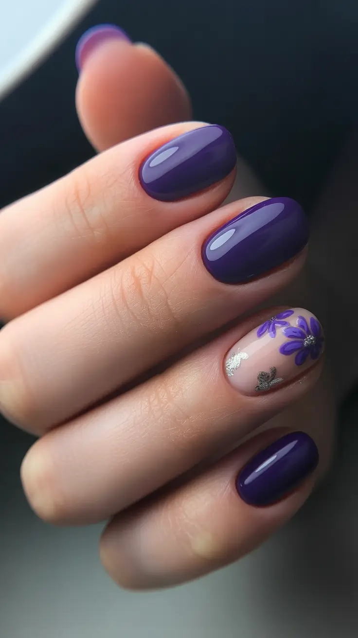 spring nail art 2026 Deep Violet Florals on Sheer Accent