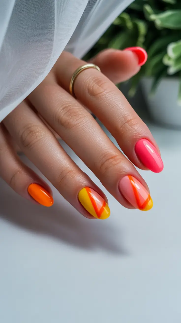 spring nail art 2026 Sunset Citrus Geometry on Glossy Almond