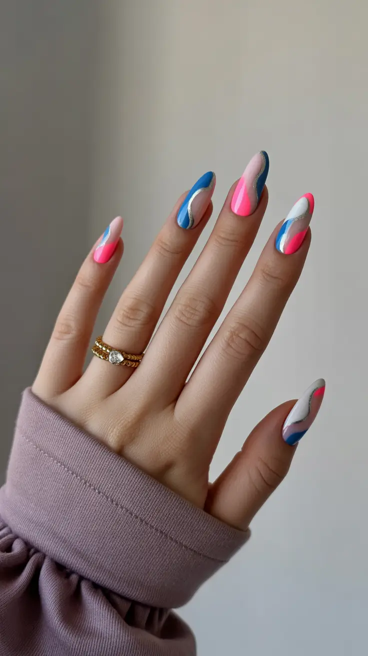 spring nail art 2026 Abstract Wave Color Mix on Long Almond