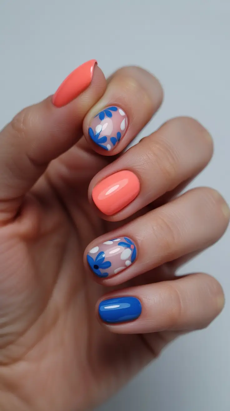 spring nail art 2026 Coral and Blue Floral Mix on Short Gloss