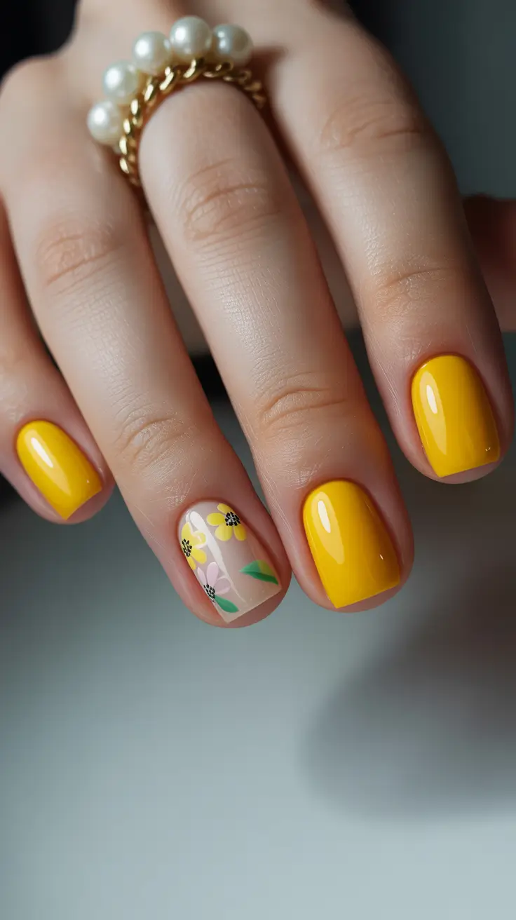 spring nail art 2026 Sunny Yellow Daisy Accent on Short Square