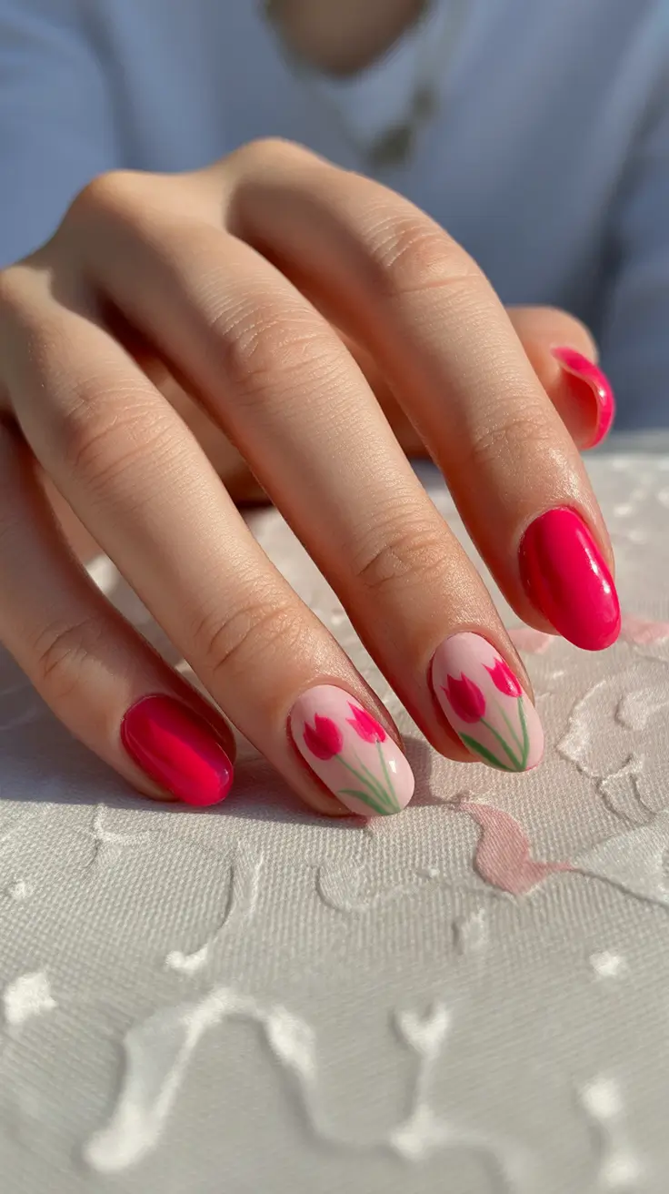 spring nail art 2026 Pink Tulip Art on Glossy Oval