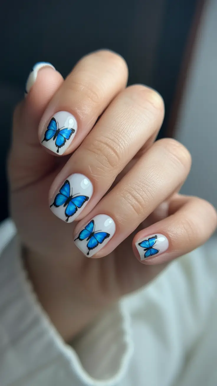 spring nail art 2026 Blue Butterfly Motif on Milky Short Nails
