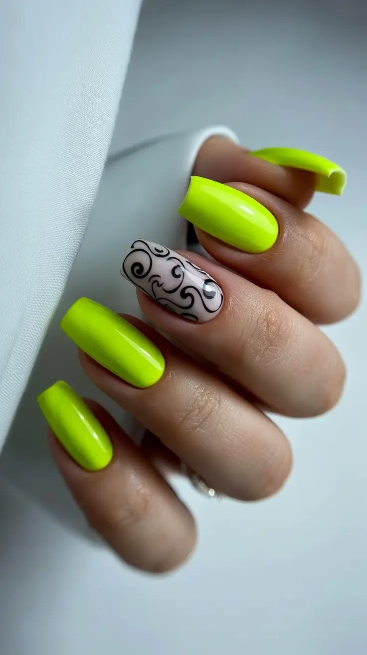 spring nail art 2026 Neon Lime Gloss with Graphic Black Swirl Accent