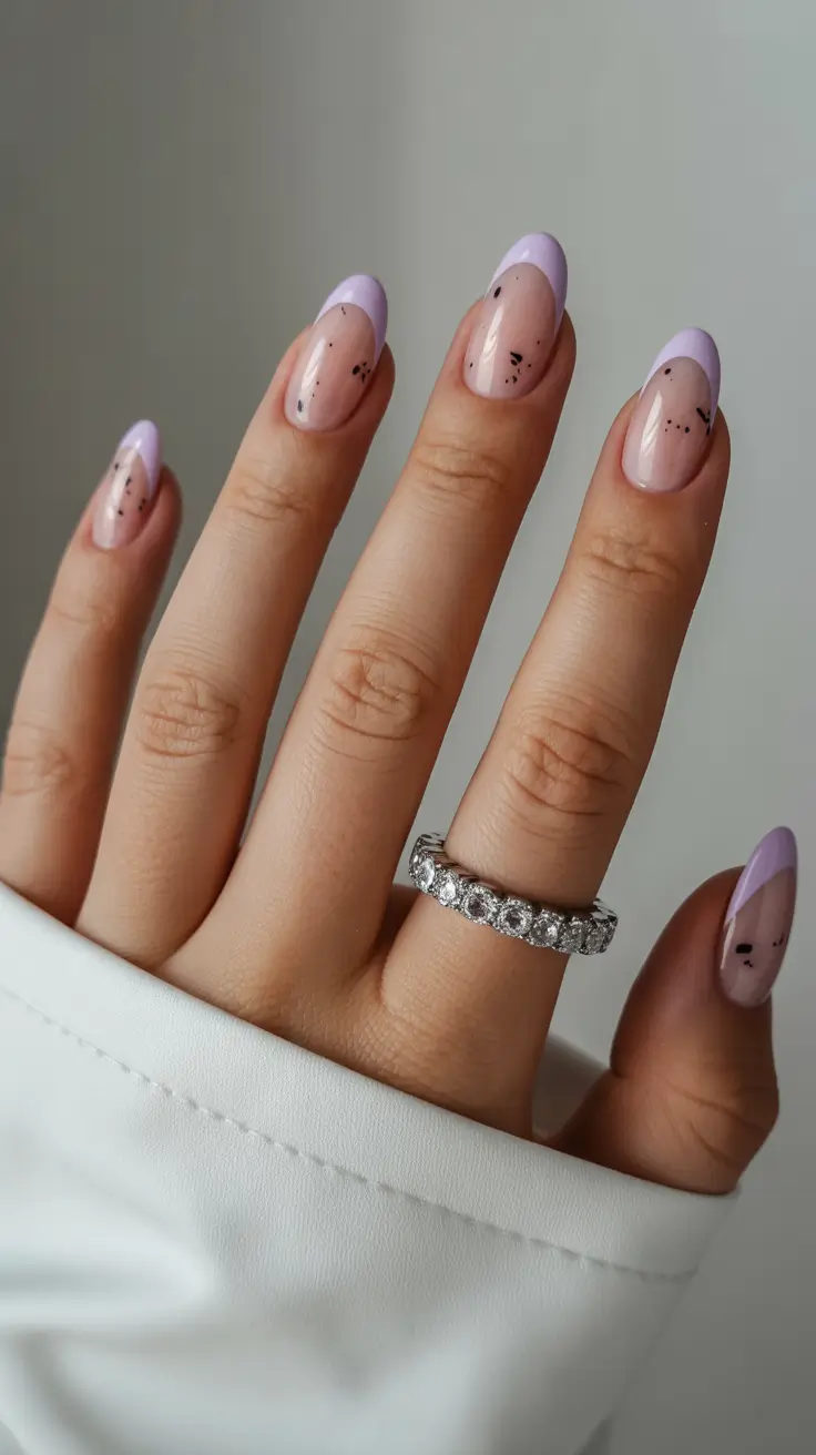 spring nail art 2026 Sheer Lilac Micro French with Speckled Detail