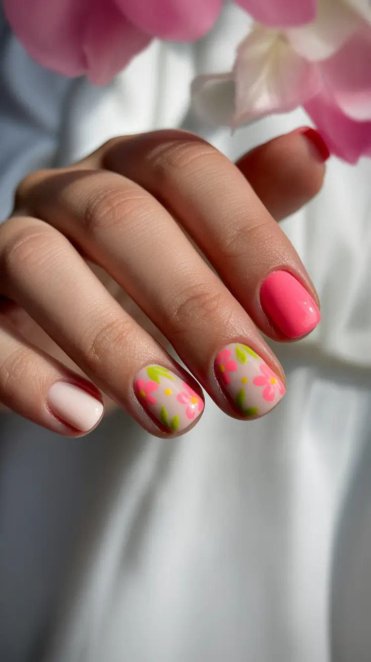 spring nail art 2026 Fresh Garden Floral Mix on Glossy Short Nails