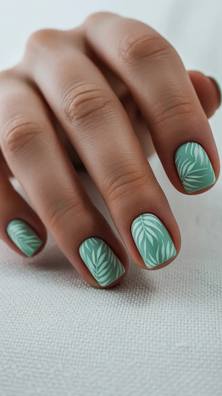 spring nail art 2026 Mint Botanical Pattern on Modern Short Shape