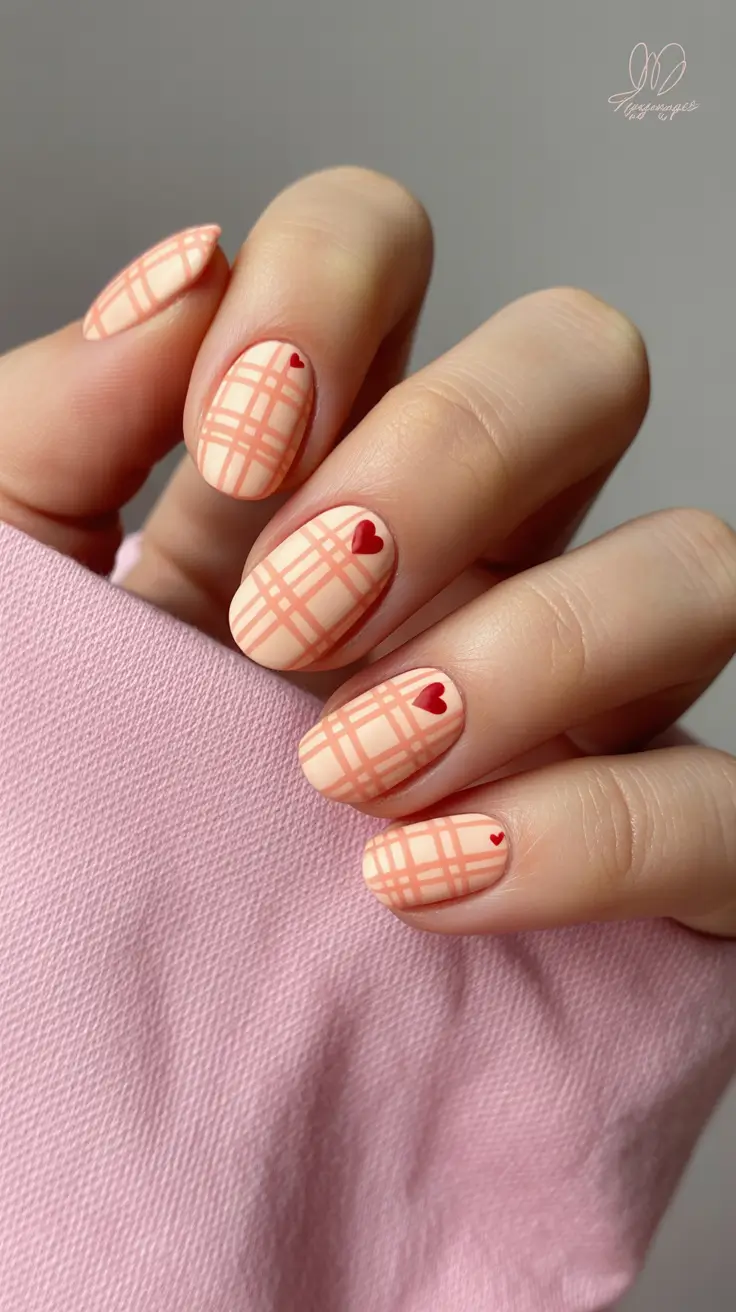 spring nail art 2026 Peach Plaid Hearts on Soft Short Nails