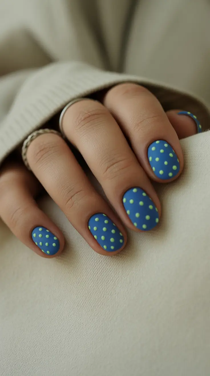 spring nail art 2026 Playful Blue Polka Dots on Rounded Short Nails