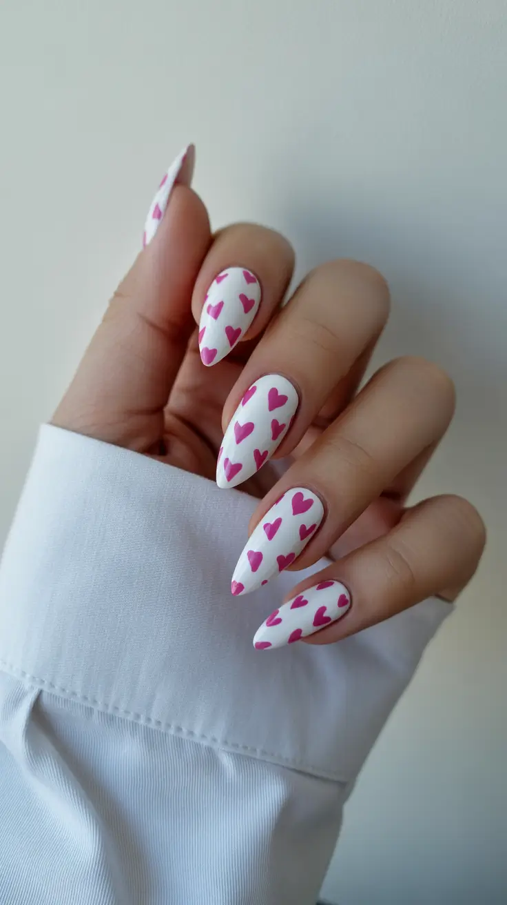 spring nail art 2026 White Almond Hearts Pattern Statement