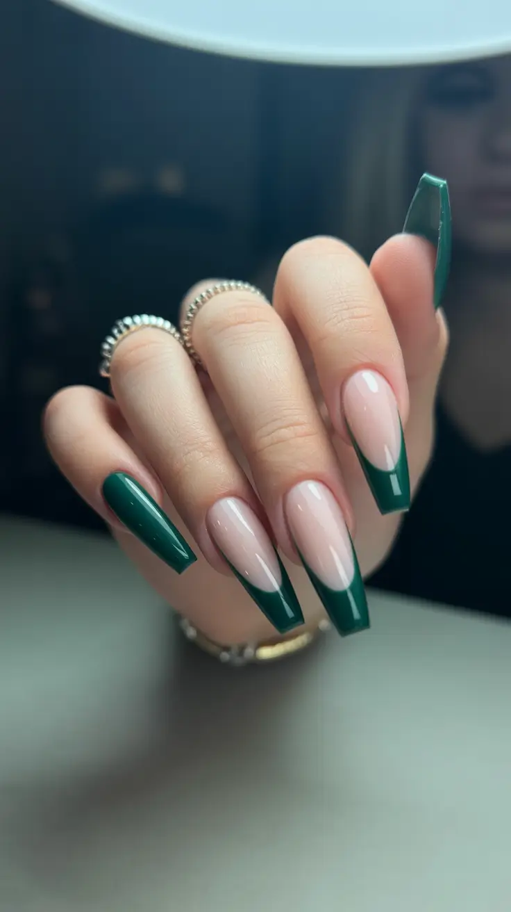 2026 spring nail inspo almond Deep Green French With a Modern Edge