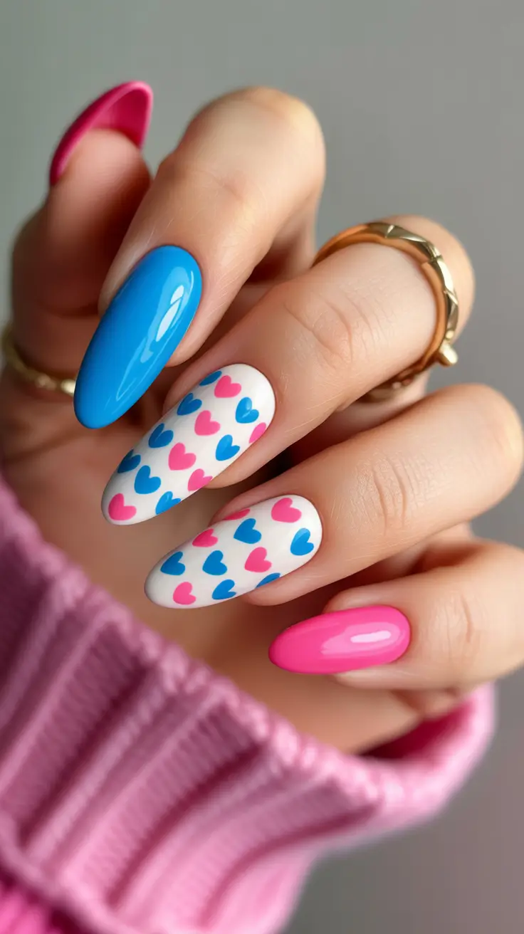 2026 Blue and Pink Heart Pattern With Glossy Accents spring nail inspo 2026 blue