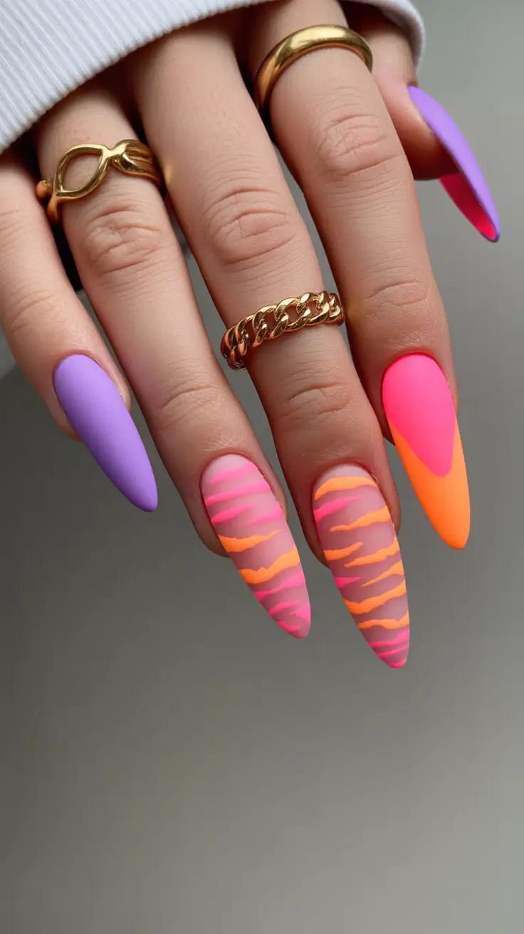 2026 Matte Neon Almond With Abstract Tiger Stripes spring nail inspo almond