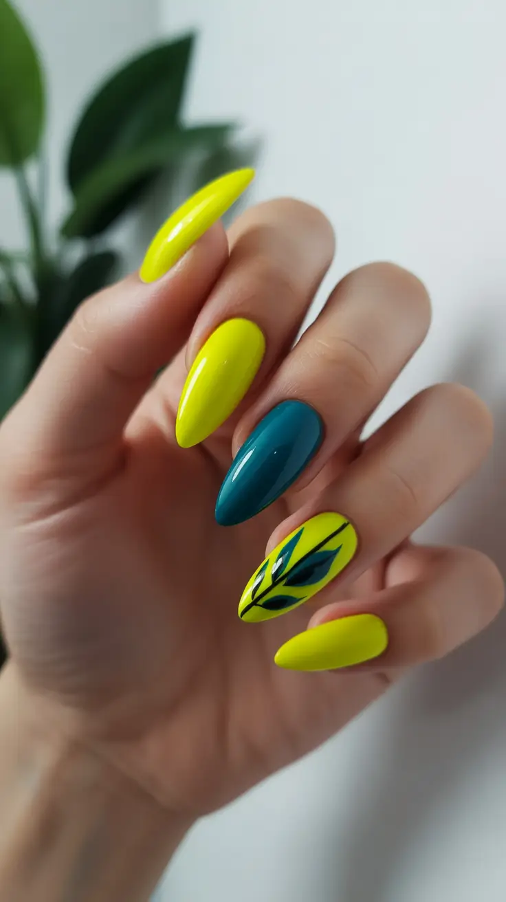 2026 Bold Yellow and Teal Almond With Leaf Detailing spring nail inspo almond