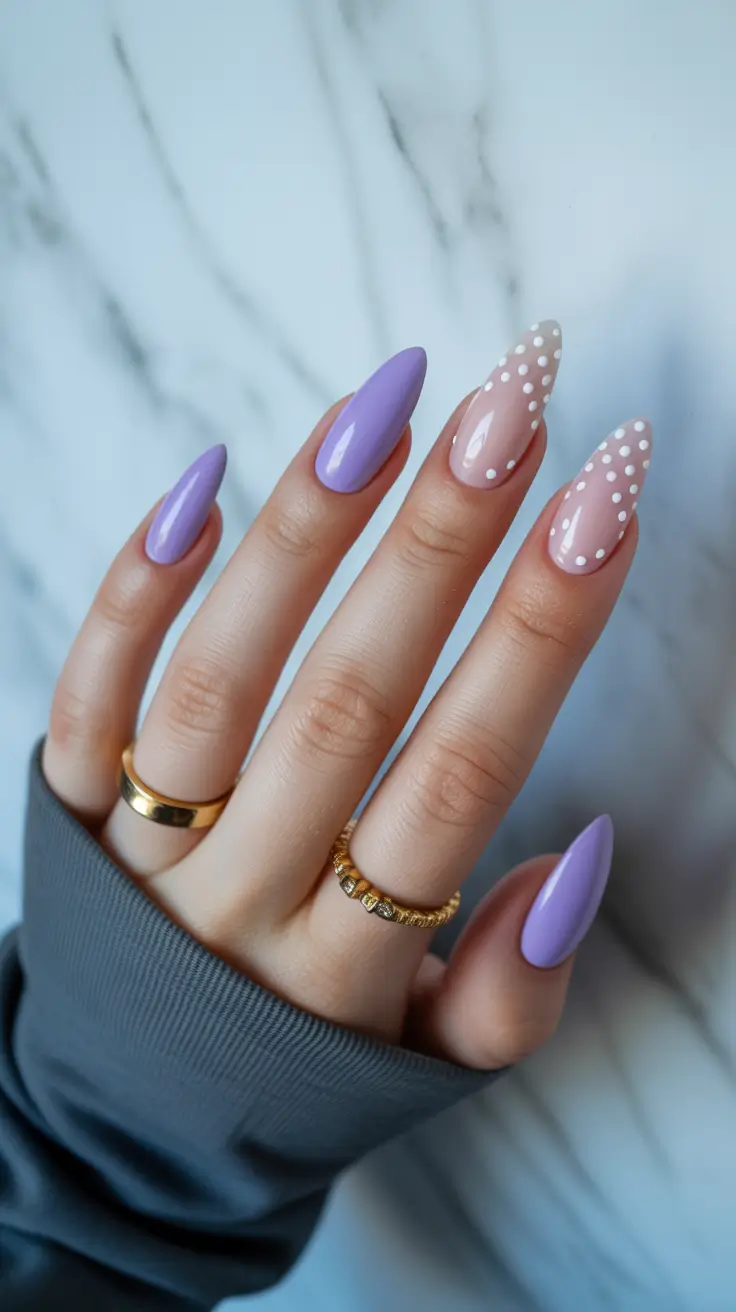 2026 Lavender Almond Nails With Soft Polka Dots spring nail inspo simple