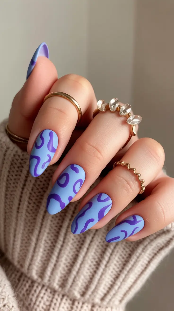2026 Matte Blue and Purple Abstract Lines spring nail inspo almond