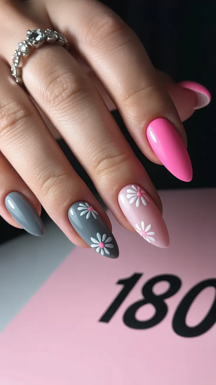 2026 Pink and Gray Daisies on Almond Nails spring nail inspo almond simple