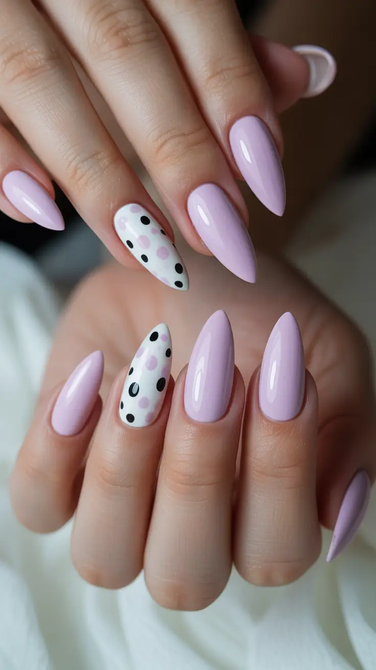 2026 Soft Pink Almond Nails With Playful Dots spring nail inspo almond simple