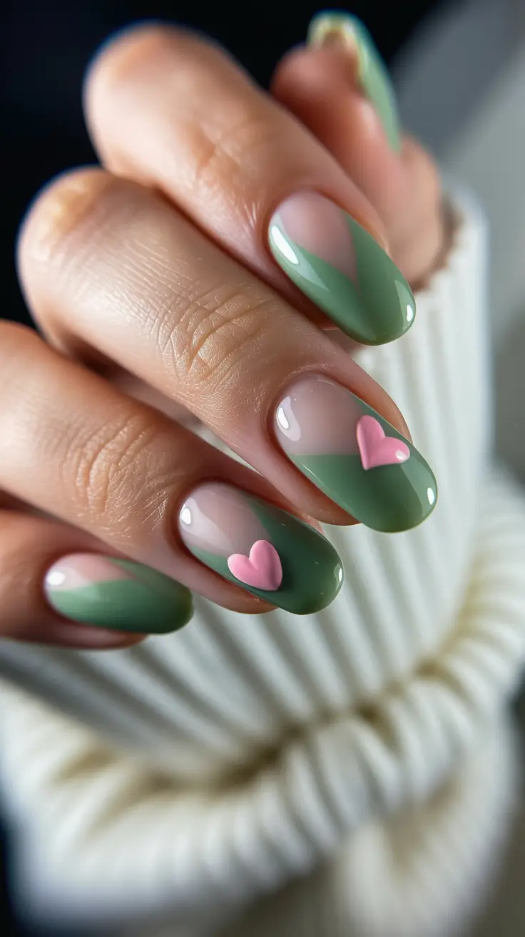 2026 spring nail inspo 2026 green Soft Green Almond With Pink Hearts