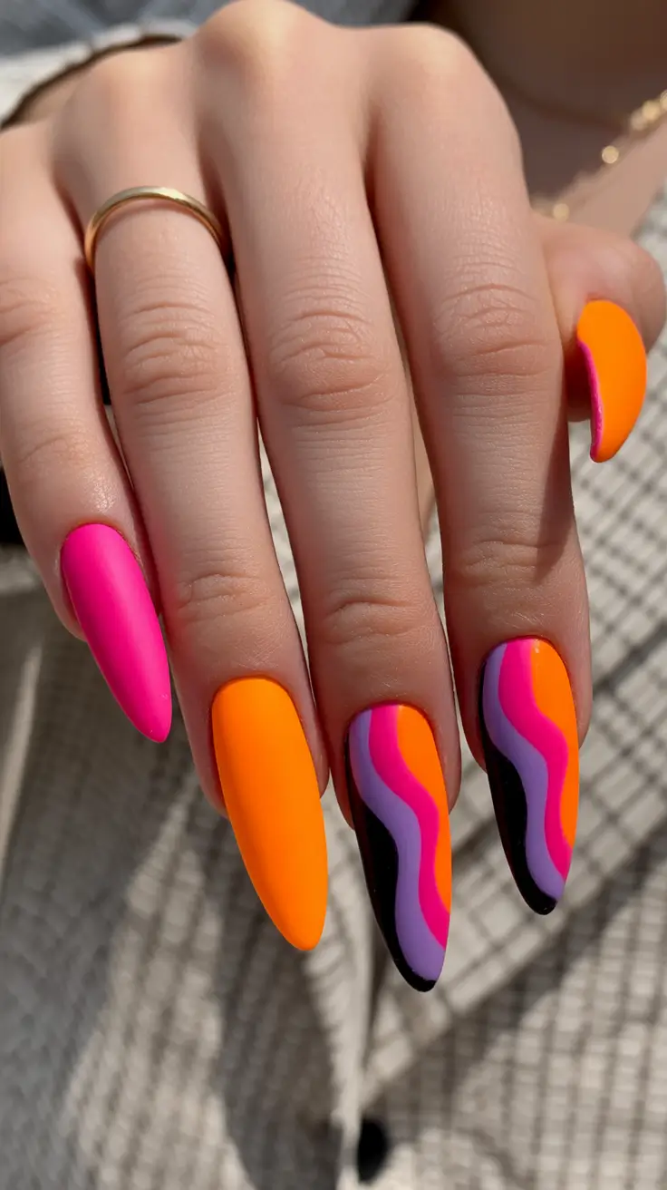 2026 Vibrant Orange and Pink Almond Nails With Wavy Lines spring nail inspo almond