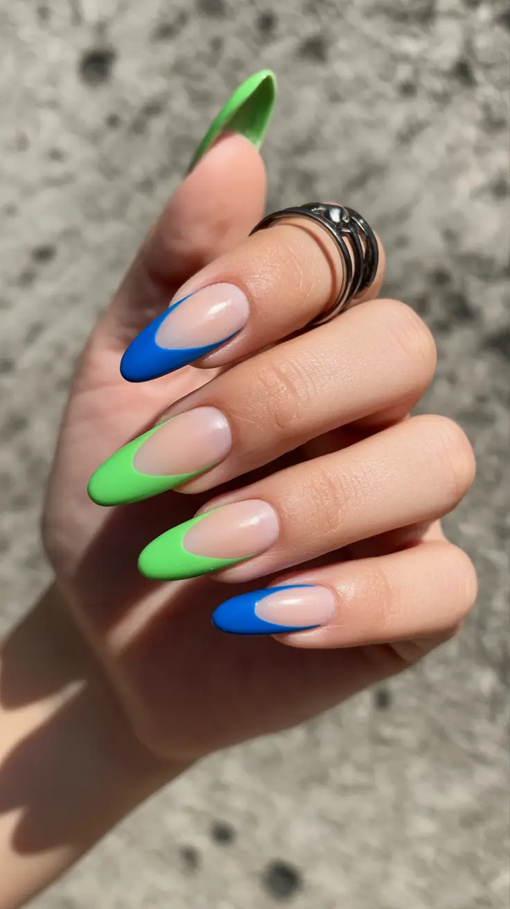 2026 Vibrant Blue and Green Almond French Tips spring nail inspo almond shape