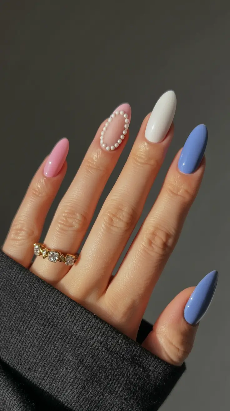 2026 Pearl-Framed Accent With Pastel Almond Shades spring nail inspo almond simple