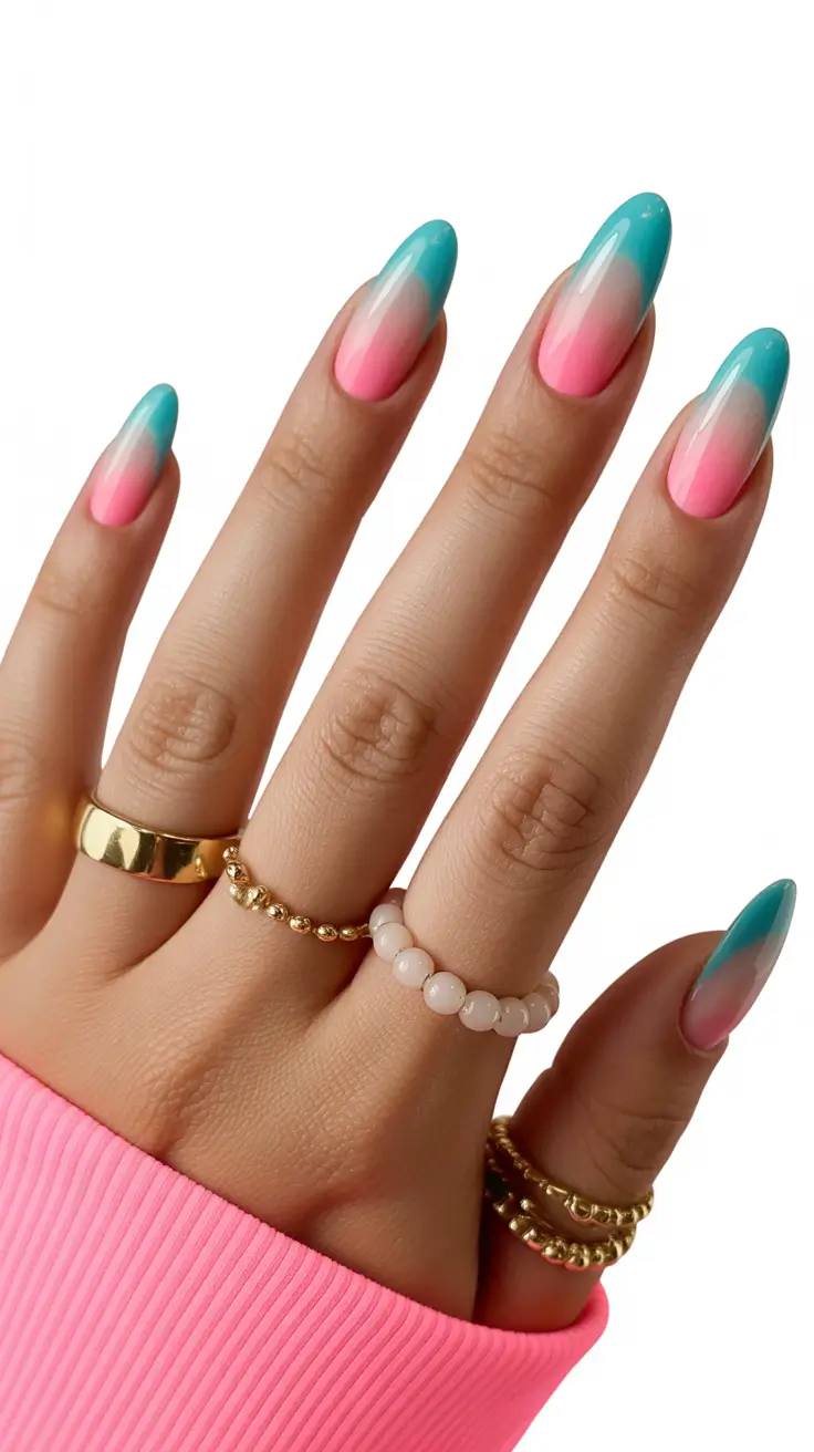2026 Pink-to-Blue Glossy Ombre Fade spring nail inspo almond