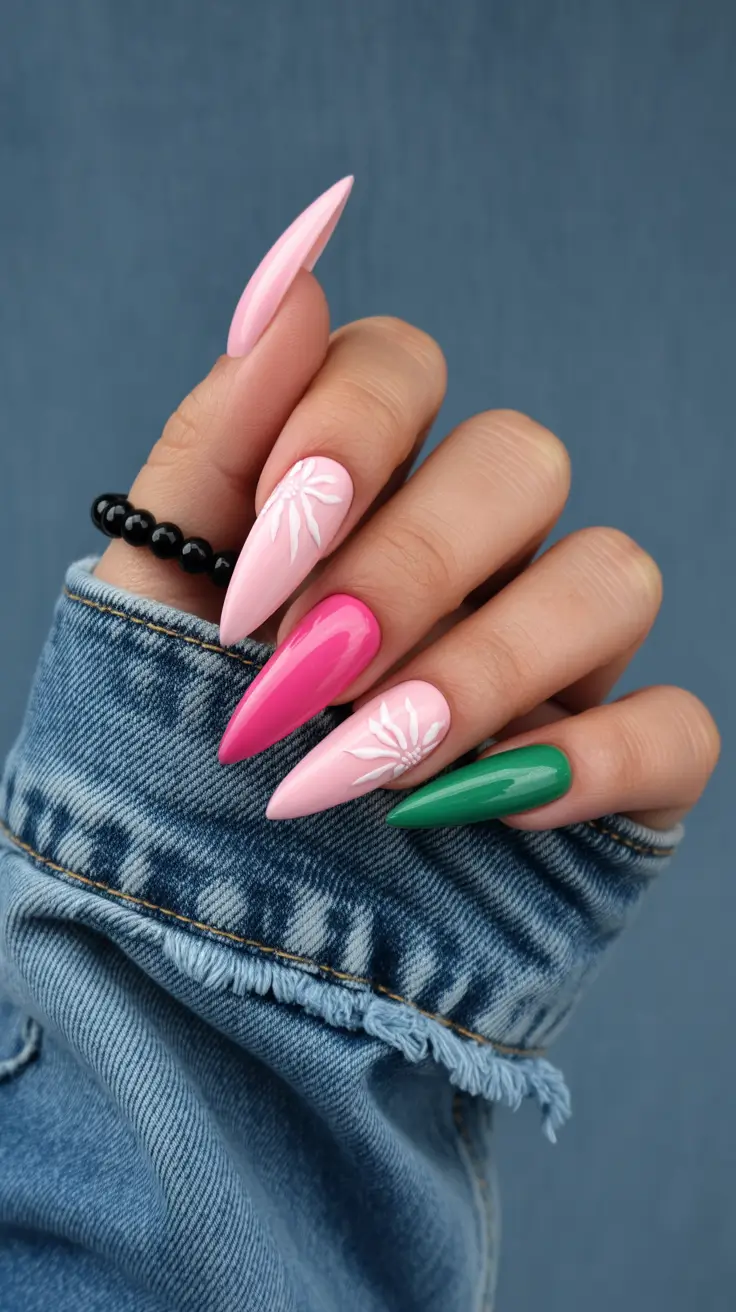 2026 Bold Pink and Green Almond With White Petal Accents spring nail inspo almond simple
