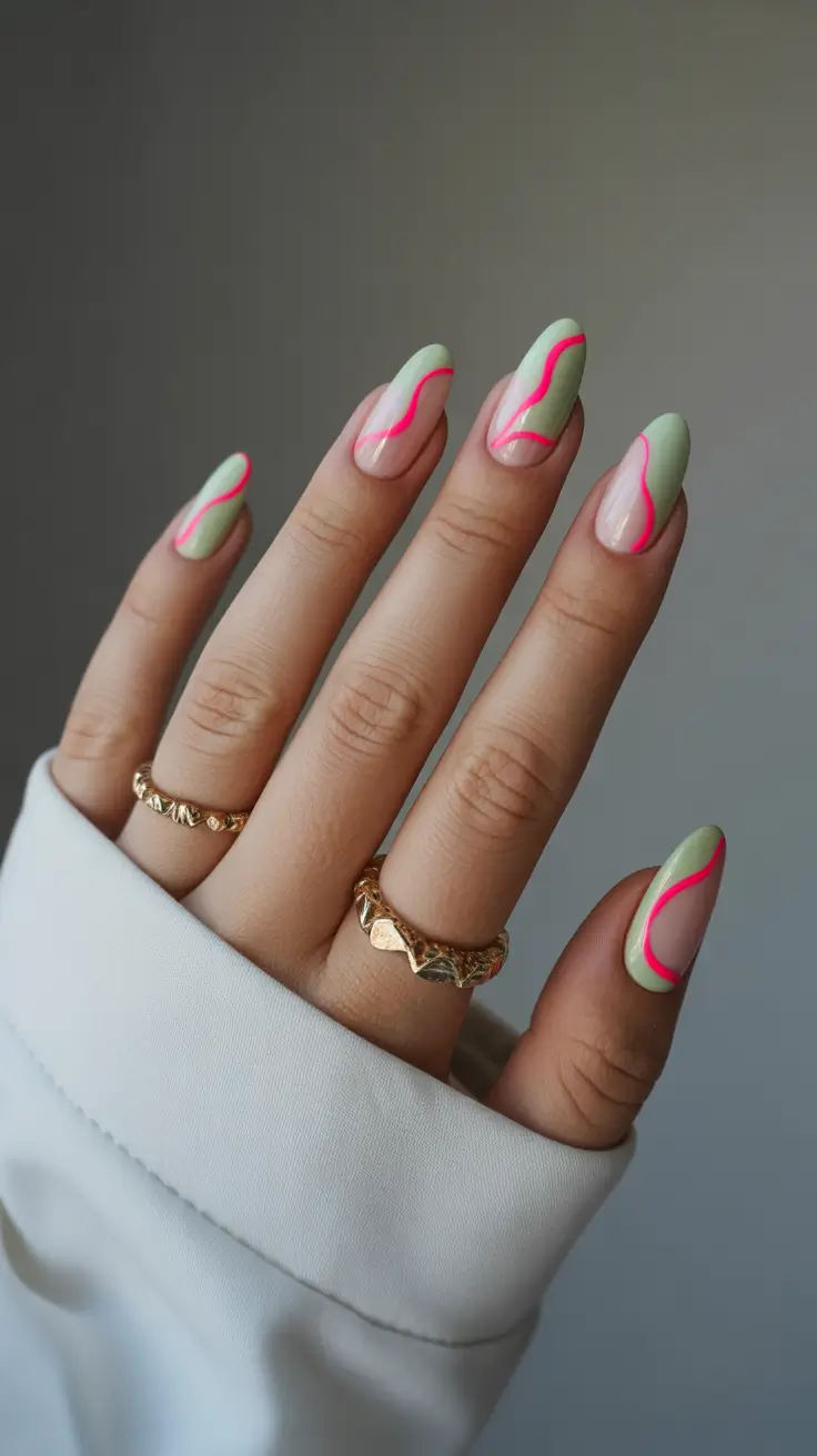 spring almond nails green Green almond nails with pink wave design
