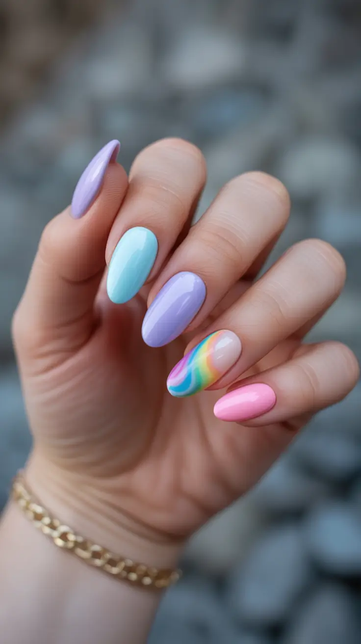 spring almond nails 2026 ideas Pastel almond nails with rainbow accent
