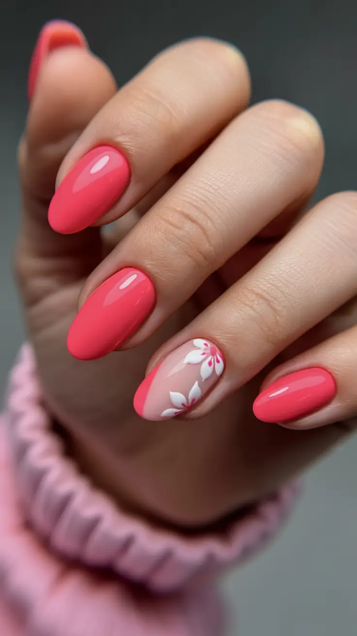 spring almond nails pink Coral pink almond nails with floral design