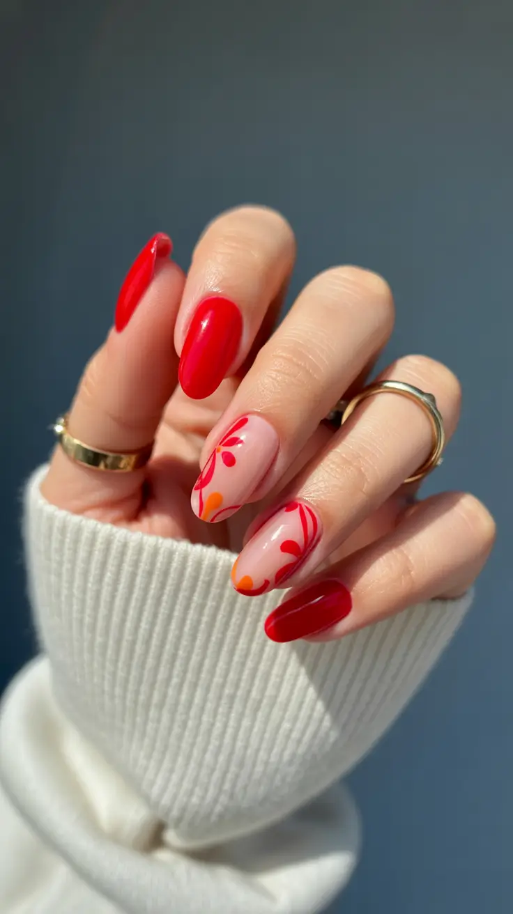 spring almond nails designs 2026 Red almond nails with abstract art