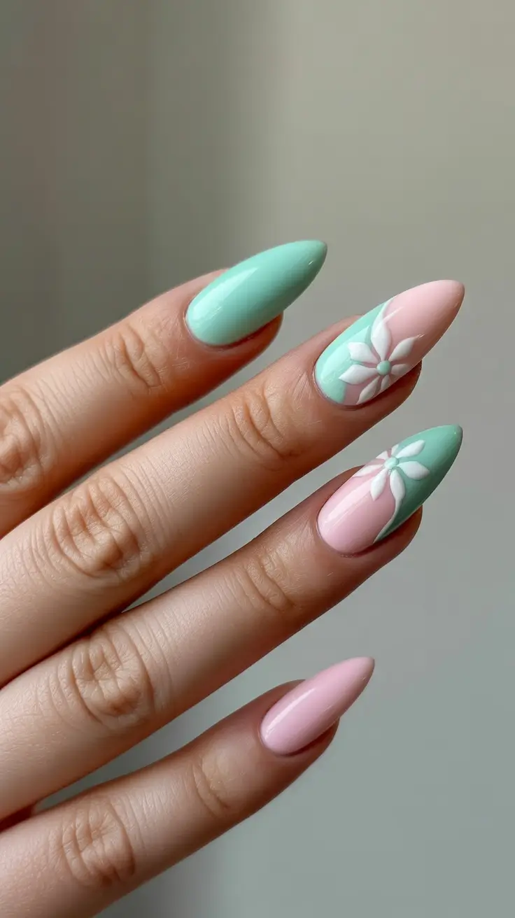 spring almond nails designs flowers Mint green almond nails with floral art