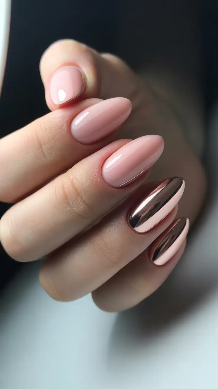 spring almond nails 2026 Minimal blush almond nails with chrome accent