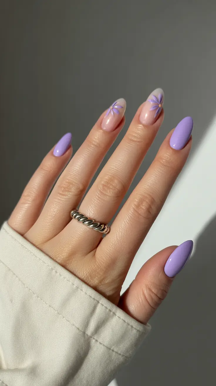 spring almond nails designs flowers Lavender almond nails with floral art