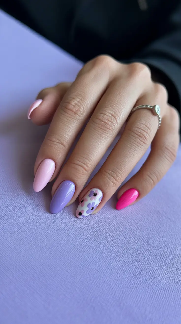 spring almond nails designs 2026 Pastel mix almond nails with floral art