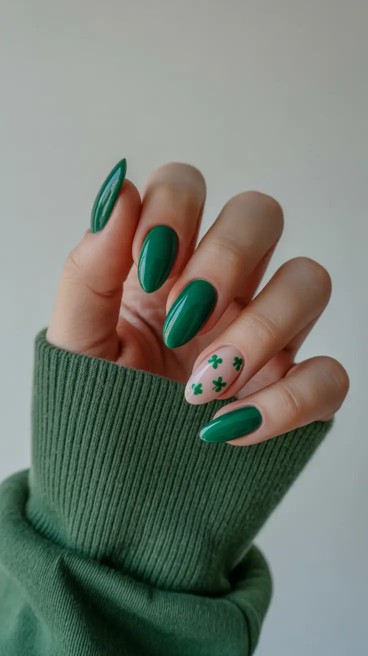 spring almond nails green Deep green almond nails with clover detail